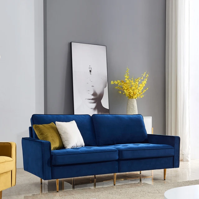 living room with blue couch