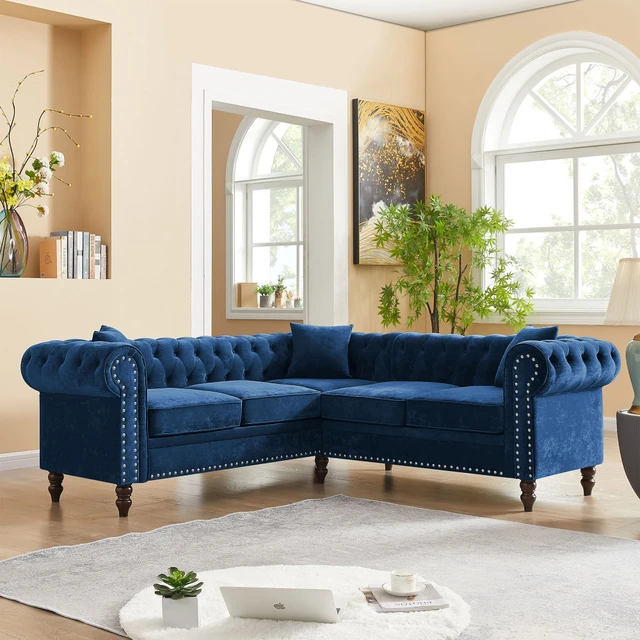 living room with blue couch