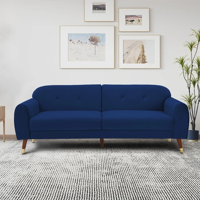 living room with blue couch